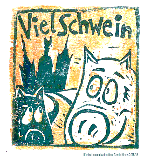 Animierter Linoleumdruck von Schweinen vor dem Schweriner Schloß